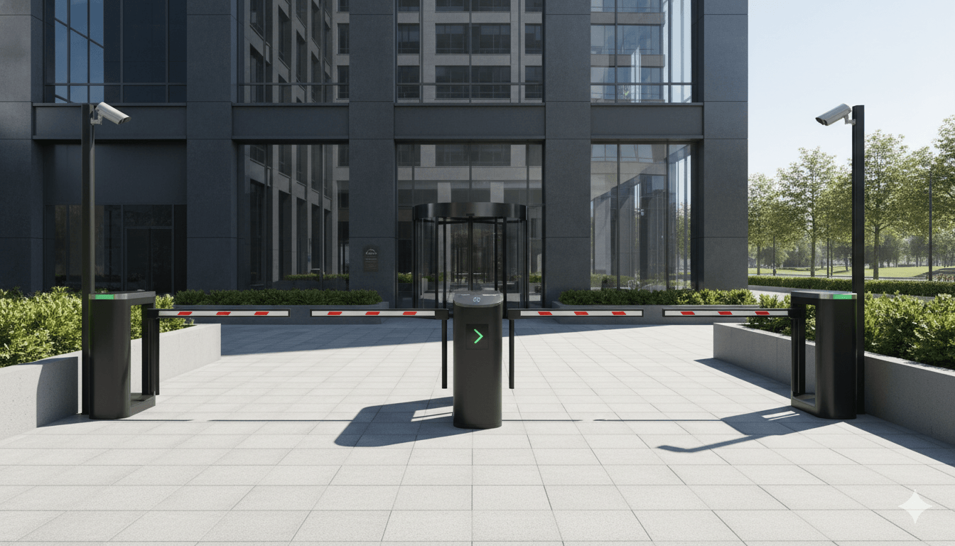 Commercial building entrance with security barrier